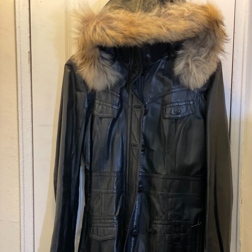 Top Gun Soft Leather Coat with Fur Hood